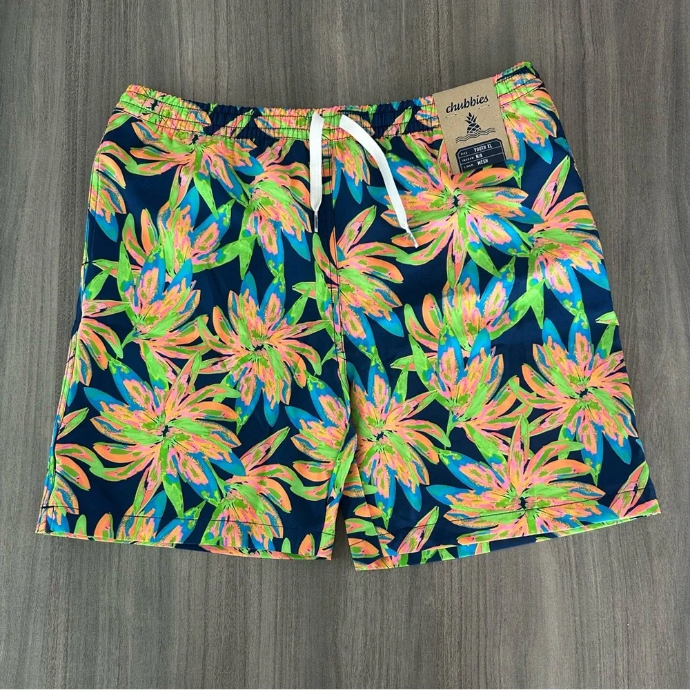 chubbies Kids Swim Trunks Navy with Neon Pink Green Floral Print